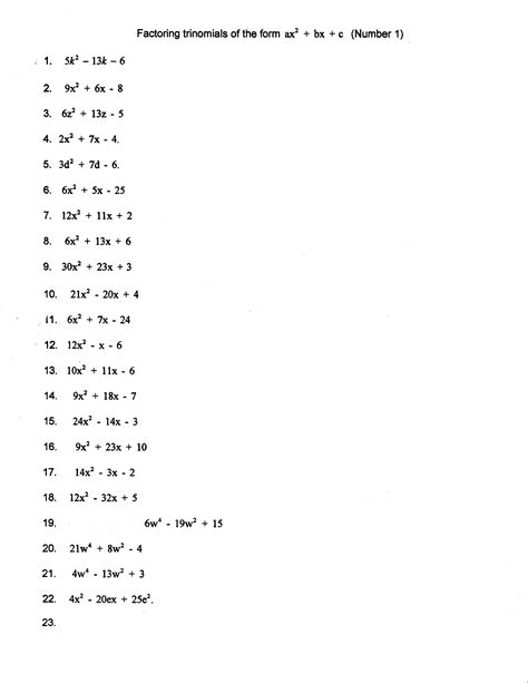 algebra factoring trinomials worksheet